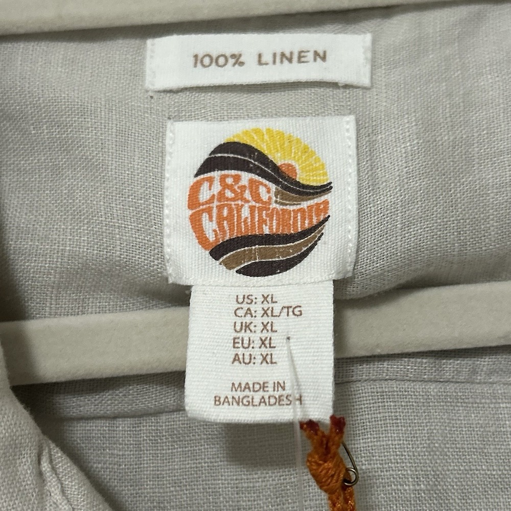 NEW CC California Shirt Mens XL Beige 100% Linen Button Up Short Sleeve Beach - Picture 5 of 7